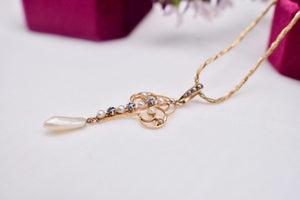 14K Yellow Gold Victorian Seed Pearl and Sapphire Lavalier Necklace