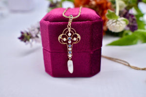 14K Yellow Gold Victorian Seed Pearl and Sapphire Lavalier Necklace