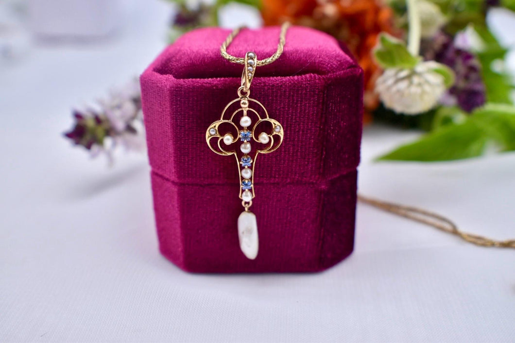14K Yellow Gold Victorian Seed Pearl and Sapphire Lavalier Necklace