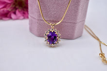 Load image into Gallery viewer, 18K Yellow Gold Vintage Oval Amethyst &amp; Diamond Halo Necklace
