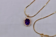 Load image into Gallery viewer, 18K Yellow Gold Vintage Oval Amethyst &amp; Diamond Halo Necklace
