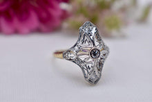 Load image into Gallery viewer, Vintage Art Nouveau 14K Yellow Gold &amp; Platinum Filigree Diamond Navette Ring
