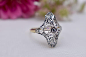 Vintage Art Nouveau 14K Yellow Gold & Platinum Filigree Diamond Navette Ring