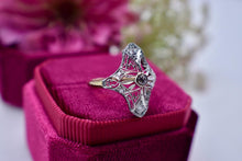 Load image into Gallery viewer, Vintage Art Nouveau 14K Yellow Gold &amp; Platinum Filigree Diamond Navette Ring
