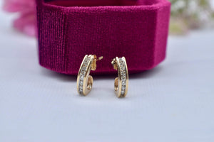 Vintage 14K Yellow Gold Channel Set Diamond Huggie J Hoop Earrings