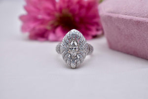 14K White Gold Vintage Marquise Halo Diamond Statement Cocktail Engagement Ring