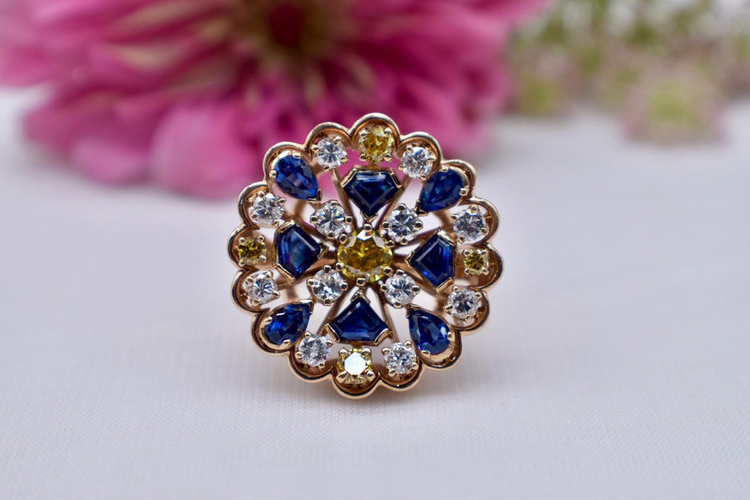 Vintage 14K Yellow Gold Yellow Diamond & Sapphire 4.36cts Cocktail MidCentury Geometric Ring