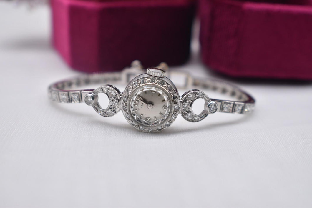 Antique Art Deco 14K White Gold Diamond 17 Jewels Benedict Movement Wrist Watch