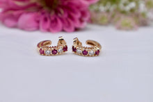 Load image into Gallery viewer, Vintage 14K Yellow Gold Ruby &amp; Diamond J Hoop Earrings
