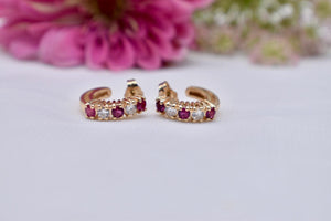 Vintage 14K Yellow Gold Ruby & Diamond J Hoop Earrings