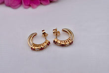 Load image into Gallery viewer, Vintage 14K Yellow Gold Ruby &amp; Diamond J Hoop Earrings
