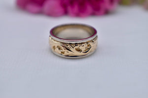 Art Deco 14K White and Yellow Gold ArtCarved Unique Floral Sculptural Band