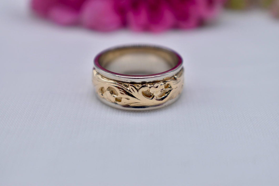 Art Deco 14K White and Yellow Gold ArtCarved Unique Floral Sculptural Band
