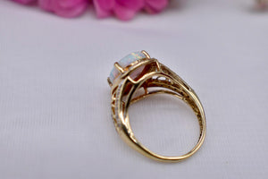 Vintage 10K Yellow Gold Lab Grown Oval Cut Opal & Diamond Halo Ring