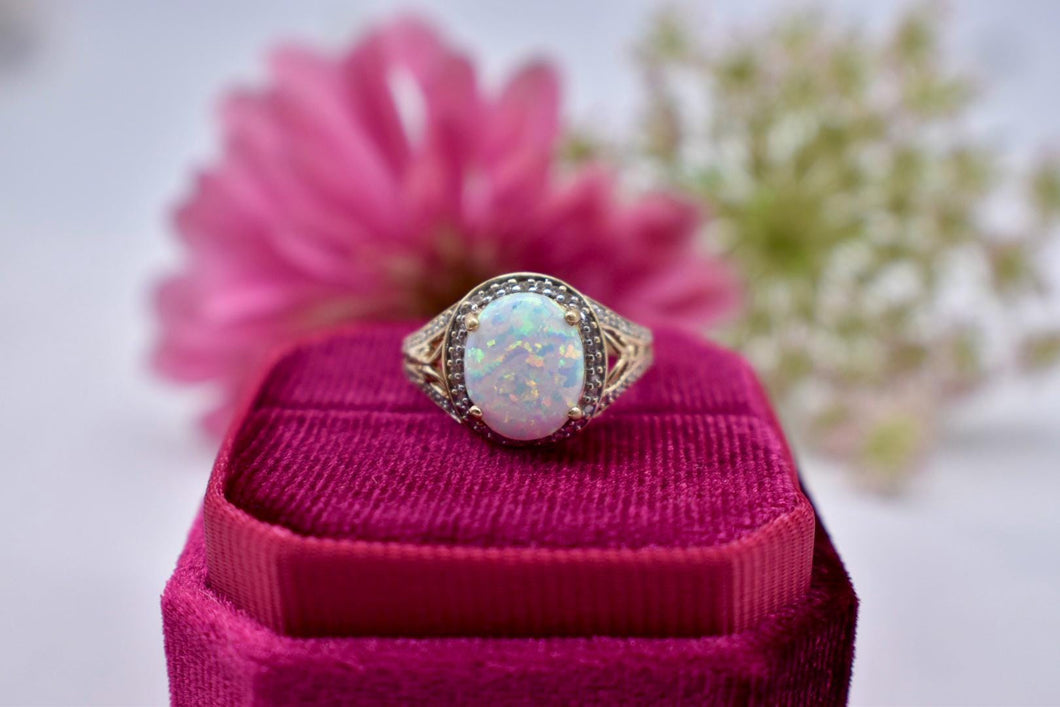 Vintage 10K Yellow Gold Lab Grown Oval Cut Opal & Diamond Halo Ring