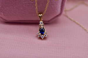 Vintage 14K Yellow Gold Sapphire & Diamond Teardrop Necklace