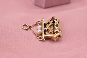14K Yellow Gold Vintage Sapphire, Ruby & Pearl Purse Locket Charm/Pendant