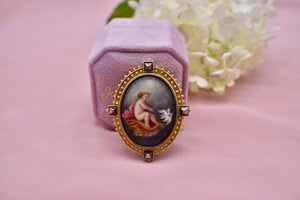 Victorian 16K Yellow Gold Antique Frame Hand Painted Cherub Brooch