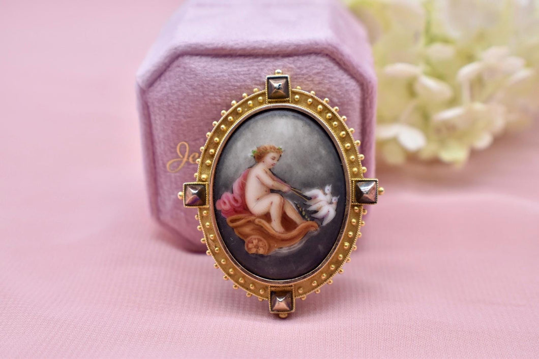Victorian 16K Yellow Gold Antique Frame Hand Painted Cherub Brooch