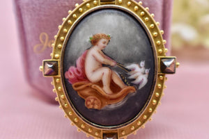Victorian 16K Yellow Gold Antique Frame Hand Painted Cherub Brooch