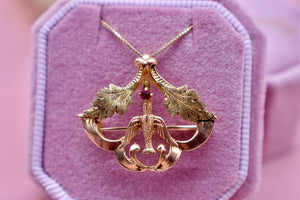 Art Nouveau 14K Yellow Gold Dove Garnet & Enamel Brooch or Necklace