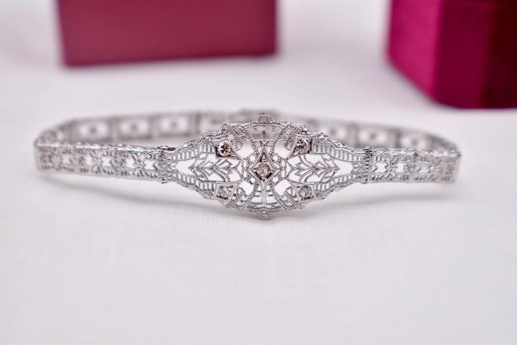 Vintage Art Deco 10K White Gold Diamond Filigree Bracelet