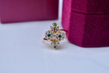 Load image into Gallery viewer, Vintage 18K Yellow Gold Emerald &amp; Diamond Double Flower Ring

