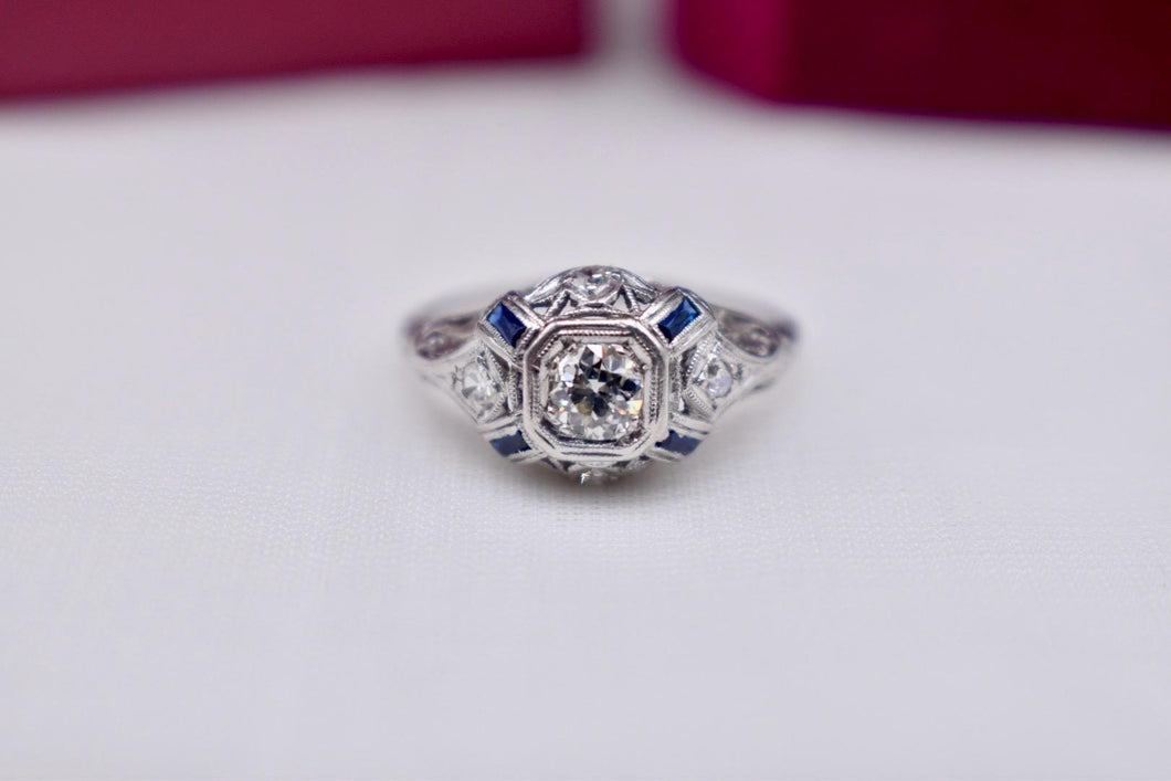 Platinum Vintage Art Deco Baguette Sapphire Accented Old European Cut Diamond Engagement Ring