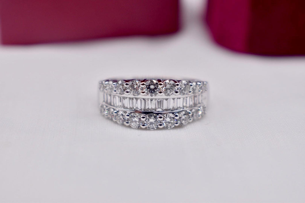 Vintage 14K White Gold Three Row Baguette & Diamond 2.13cts Anniversary Band