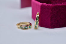 Load image into Gallery viewer, Vintage 14K Yellow Gold Channel Set Emerald &amp; Diamond Hoop Earrings
