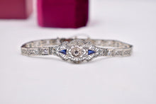 Load image into Gallery viewer, Vintage Art Deco 18K White Gold Sapphire &amp; Diamond Filigree Bracelet

