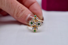 Load image into Gallery viewer, Vintage 18K Yellow Gold Emerald &amp; Diamond Double Flower Ring
