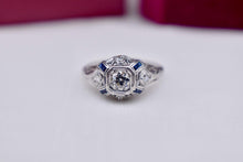 Load image into Gallery viewer, Platinum Vintage Art Deco Baguette Sapphire Accented Old European Cut Diamond Engagement Ring
