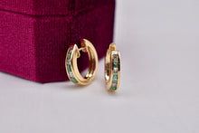 Load image into Gallery viewer, Vintage 14K Yellow Gold Channel Set Emerald &amp; Diamond Hoop Earrings

