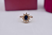Load image into Gallery viewer, 14K Yellow Gold Vintage Sapphire &amp; Diamond Oval Halo Ring
