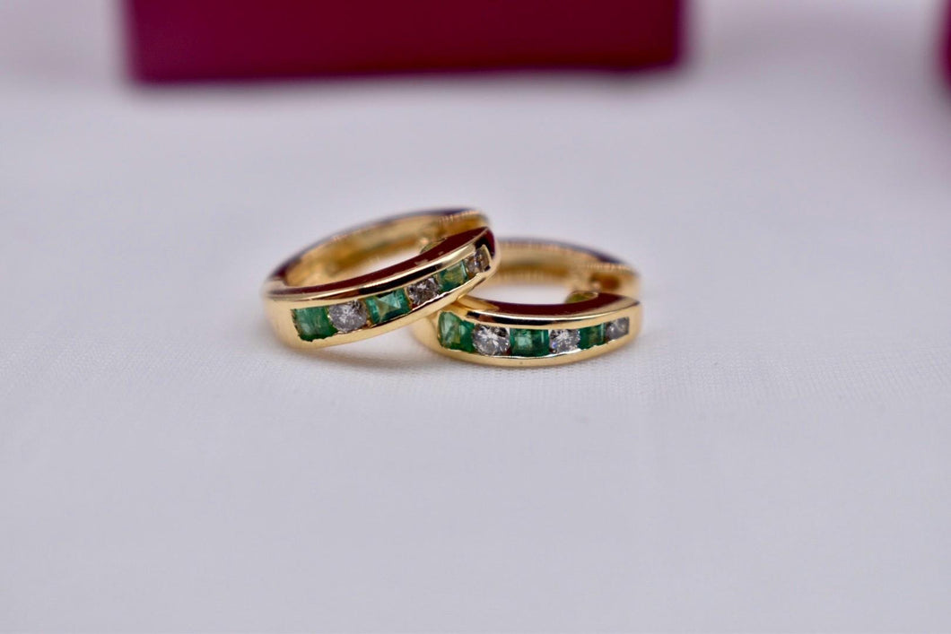 Vintage 14K Yellow Gold Channel Set Emerald & Diamond Hoop Earrings