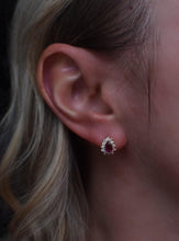 Load image into Gallery viewer, Vintage 14K Yellow Gold Pear Shape Ruby and Diamond Halo Earrings
