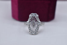 Load image into Gallery viewer, Vintage Art Deco 10K White Gold Filigree Transitional Cut Diamond Navette Ring
