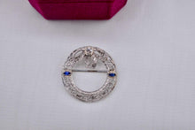 Load image into Gallery viewer, Vintage Art Deco 14K White Gold Wreath Style Bow Diamond &amp; Sapphire Brooch
