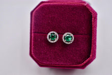 Load image into Gallery viewer, Vintage 14K White Gold Round Emerald &amp; Diamond Halo Stud Earrings
