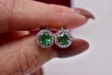 Load image into Gallery viewer, Vintage 14K White Gold Round Emerald &amp; Diamond Halo Stud Earrings
