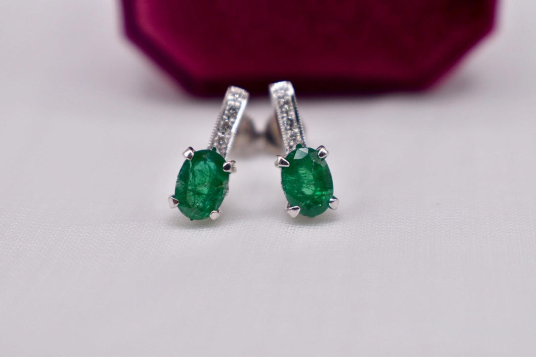 Vintage 18K White Gold Oval Emerald & Diamond Bar Drop Earrings
