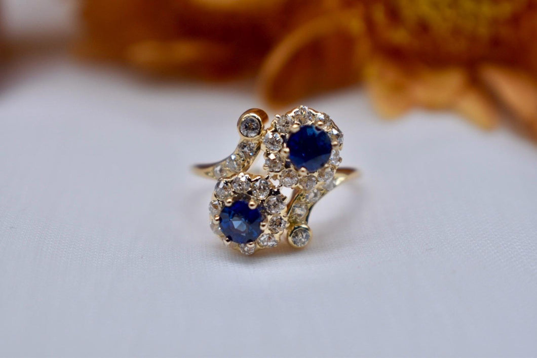 Edwardian 18K Yellow Gold Sapphire and Old Mine Cut Diamond Toi Et Moi Ring