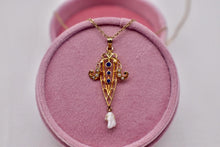 Load image into Gallery viewer, 18K&amp;10K Yellow Gold Victorian Seed Pearl and Sapphire Lavalier Necklace
