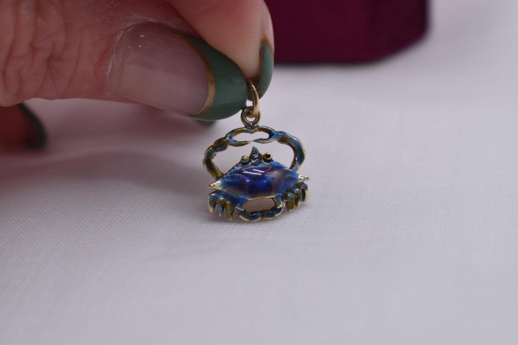 Vintage 14K Yellow Gold Blue Enamel Crab Charm