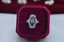 Load image into Gallery viewer, Vintage Art Deco 10K White Gold Filigree Transitional Cut Diamond Navette Ring
