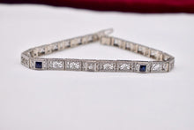 Load image into Gallery viewer, Vintage Art Deco 14K White Gold Sapphire &amp; Diamond Filigree Bracelet
