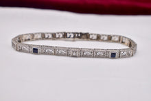 Load image into Gallery viewer, Vintage Art Deco 14K White Gold Sapphire &amp; Diamond Filigree Bracelet
