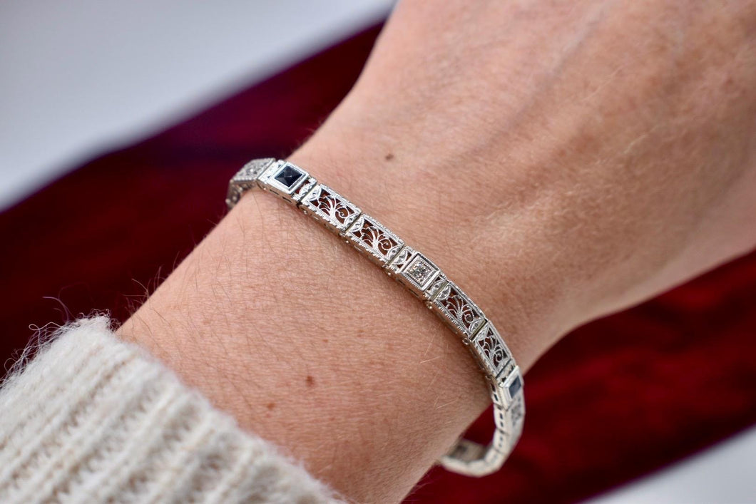 Vintage Art Deco 14K White Gold Sapphire & Diamond Filigree Bracelet