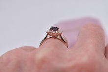 Load image into Gallery viewer, 14K Rose Gold Vintage Inspired Round Lab Grown Alexandrite and Moissanite Halo Ring
